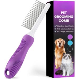 Pet Comb With Long Short Stainless Steel Teeth For Removing Matted Fur, Knots Tangles Detangler Tool Accessories For
