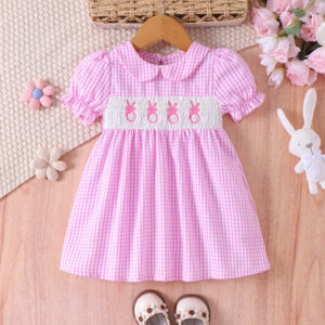Toddler Girl's Lapel Bubble Sleeve Dress, Checkered Pattern & Bunny Embroidery A-Line Summer Dress