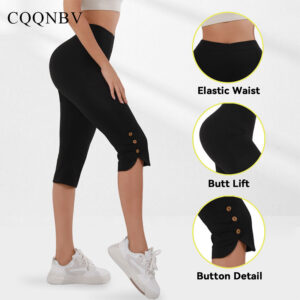 Women's High-waisted, Elastic, Waist-cinching, Tight-fitting Caprix Pants With Slit Buttons At The Hem For A Slimming Look. Wear This Sporty Mid-length Pants Over It