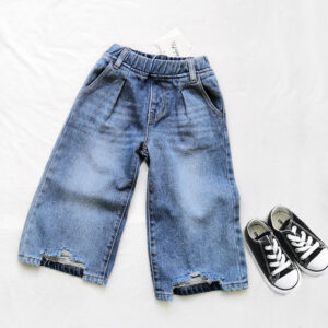 Girls' Denim Pants, Wide Leg Ripped Pants, Children's Straight Loose Long Pants