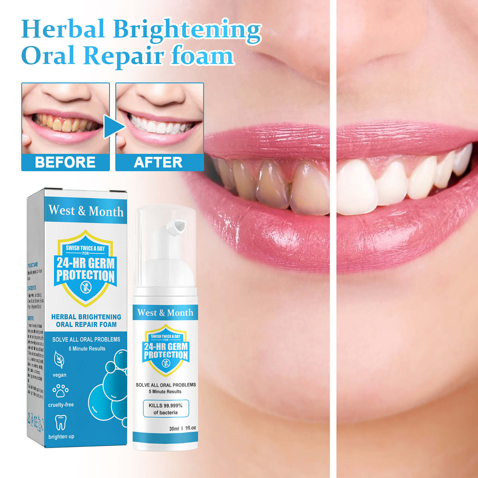 587060097 Herbal Brightening Oral Repair Foam, Clean Bad Breath And Teeth Stains With White Teeth Foam - Image 1