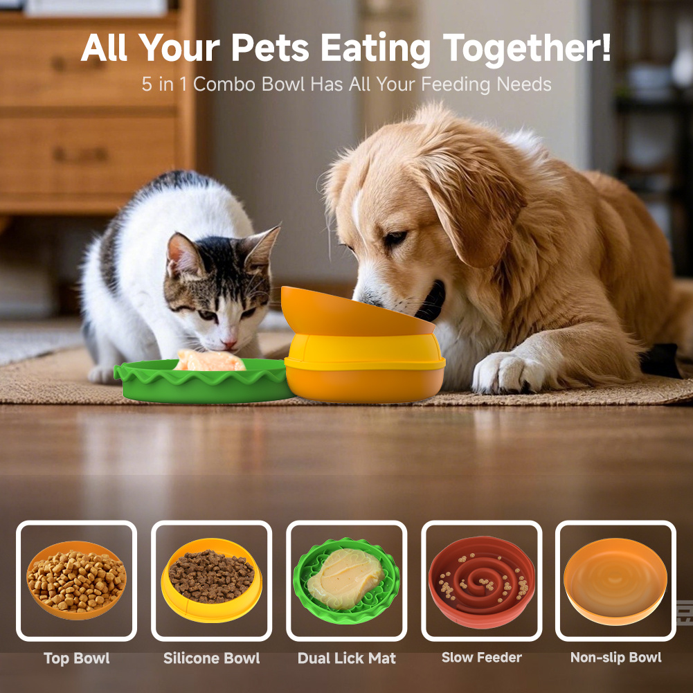 b99ead7d-db51-4bf6-9a41-89378417691b.jpg Hamburger Appearance Pet Cat And Dog Bowl Combination Multi-layer Five-in-one - Image 1