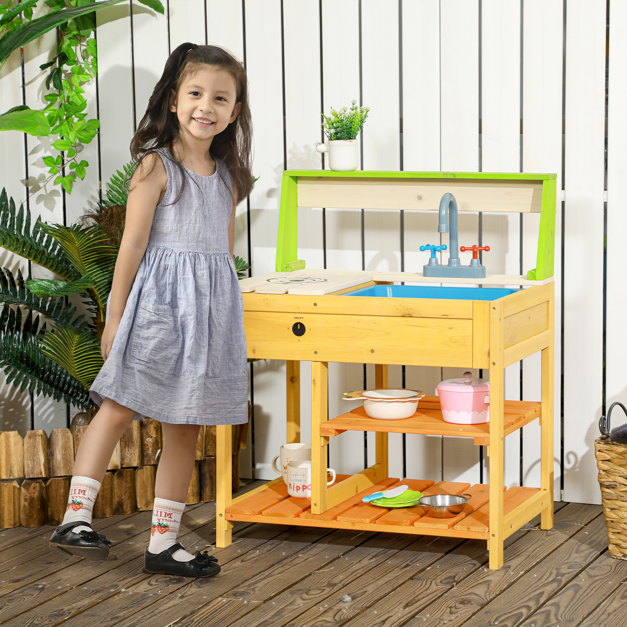 f44dc69b-5cb1-42f6-a0af-16be960fa2fe.jpg Mud Kitchen for Kids Outdoor Kitchen Playset w/ Realistic Kitchen Toys, Faucet Sink Storage Shelves for Ages 3-8 Years - Image 1