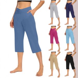 Womens Solid-Color V-Neck Yoga Capri Pants With Pockets